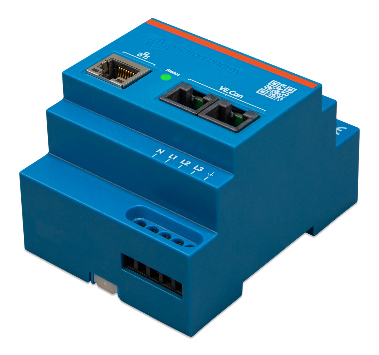 Angled perspective of Victron three-phase energy meter in blue plastic housing