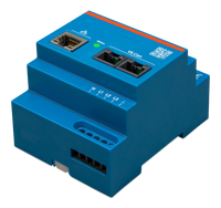 Angled perspective of Victron three-phase energy meter in blue plastic housing