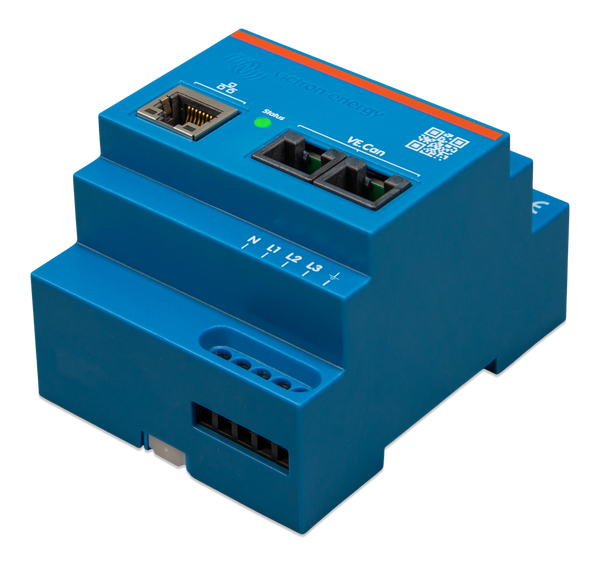 Angled perspective of Victron three-phase energy meter in blue plastic housing