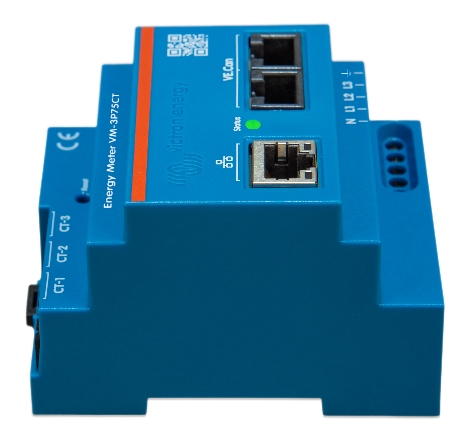 Side profile of DIN rail mounted energy meter showing stepped enclosure design