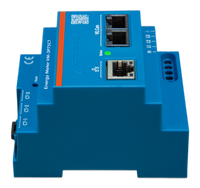 Side profile of DIN rail mounted energy meter showing stepped enclosure design