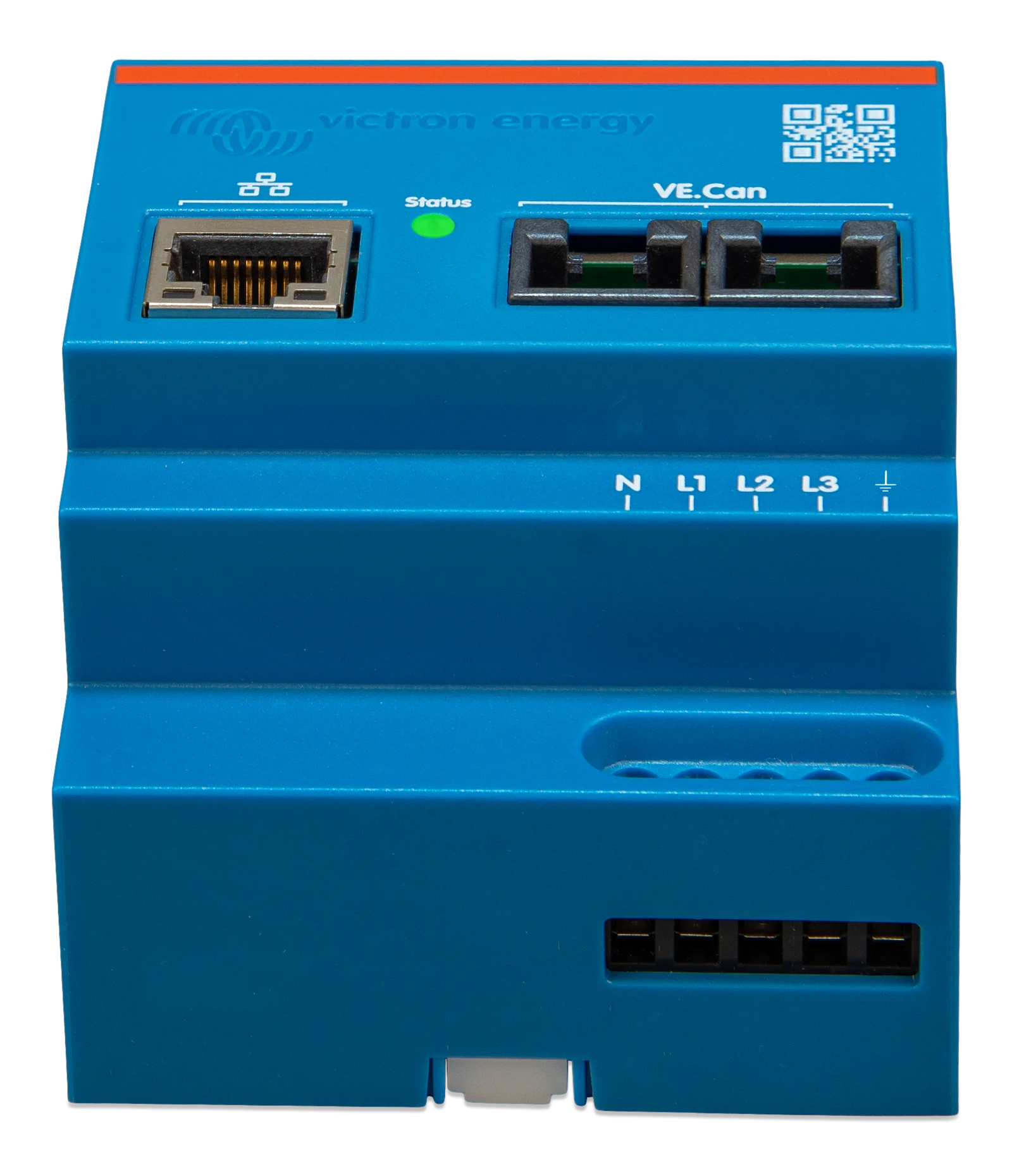 Top perspective view of energy meter showing Ethernet and VE.Can connection ports