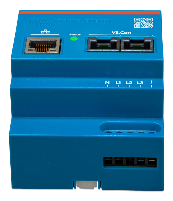Top perspective view of energy meter showing Ethernet and VE.Can connection ports
