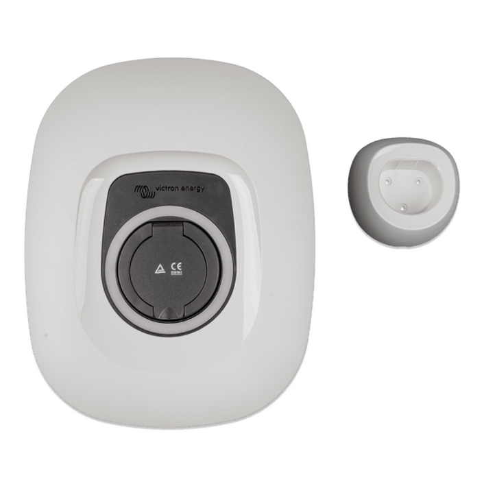 White EV charging station front cover with black socket cover and separate wall-mount holster