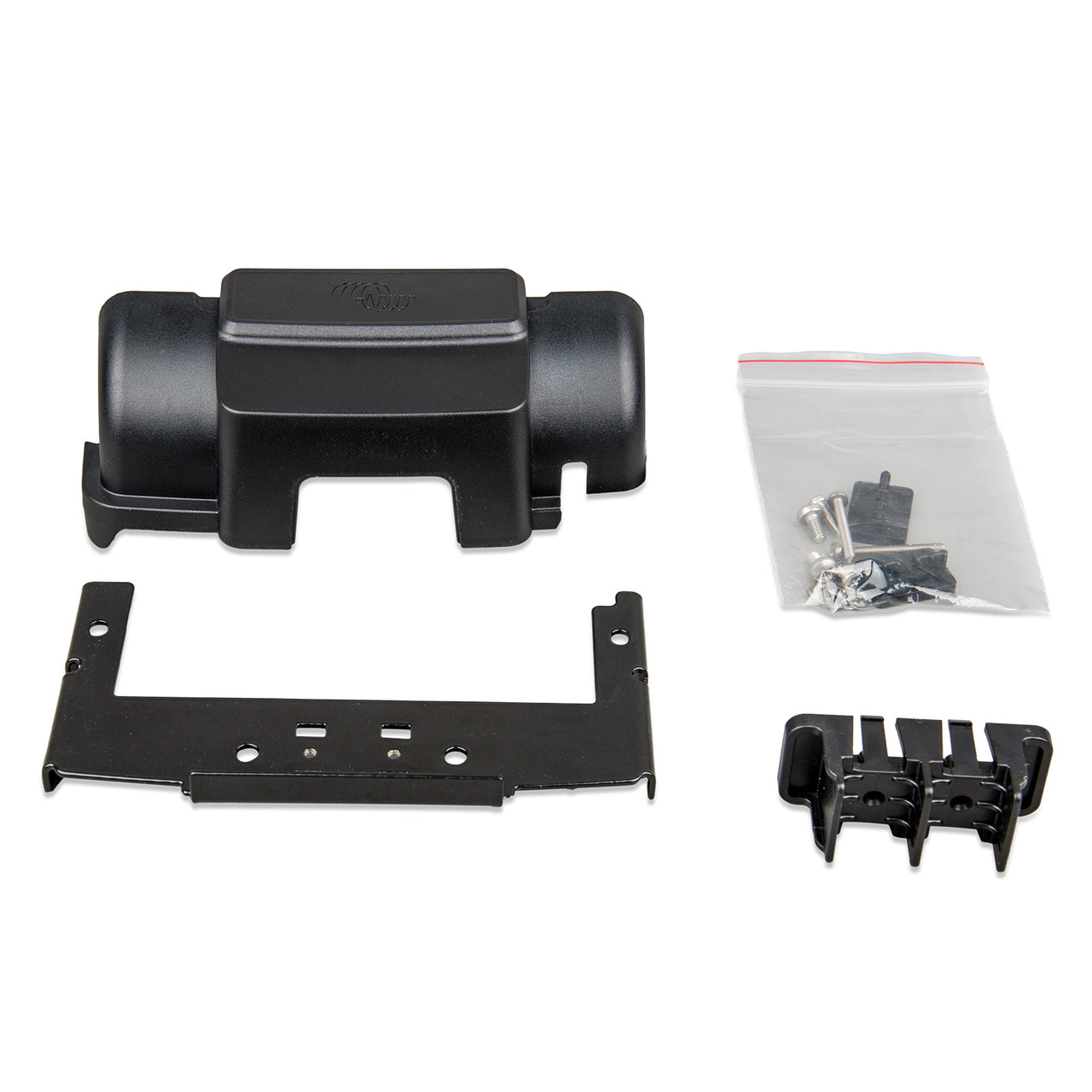 Victron WireBox-M kit showing the terminal cover, steel mounting plate, screw pack and cable guide