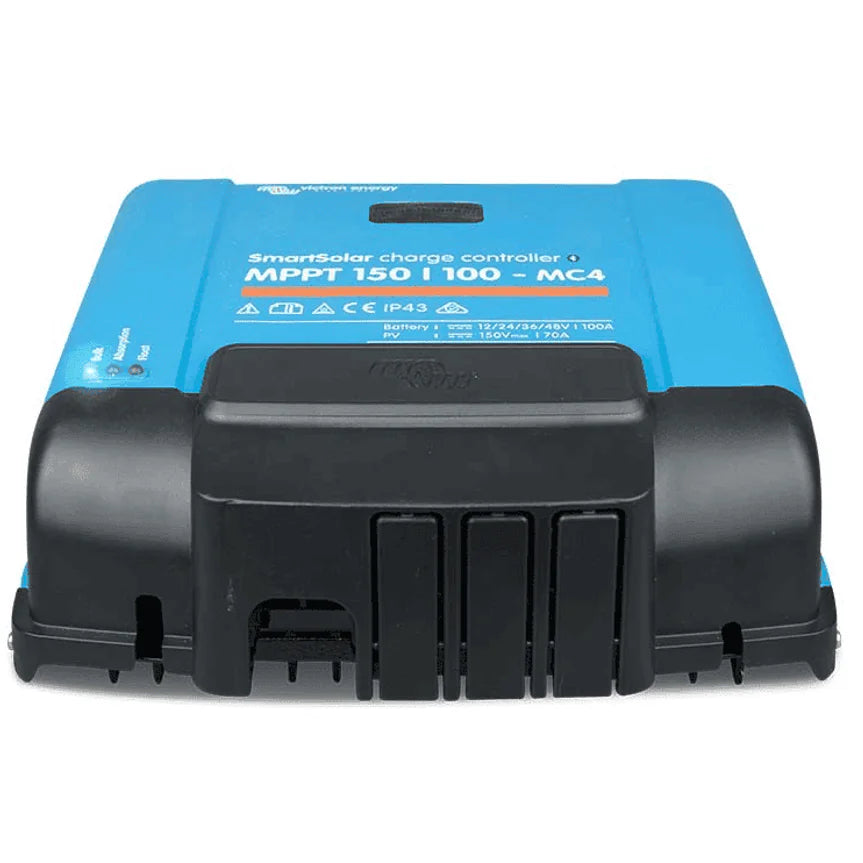 Black Victron WireBox-XL MC4 protective cable cover attached to a blue SmartSolar MPPT charge controller