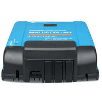 Black Victron WireBox-XL MC4 protective cable cover attached to a blue SmartSolar MPPT charge controller