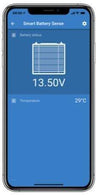 Smartphone displaying battery voltage and temperature on VictronConnect app