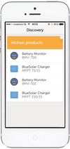 Device discovery screen on the VictronConnect app listing multiple connected battery monitors and solar chargers