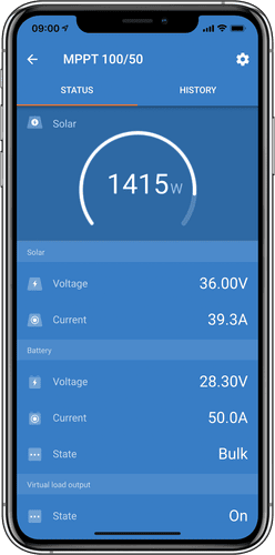 VictronConnect mobile app status tab displaying real-time charging power and battery voltage