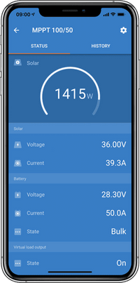 VictronConnect mobile app status tab displaying real-time charging power and battery voltage