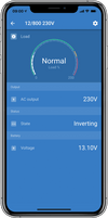 Smartphone screen showing the VictronConnect app interface for inverter monitoring