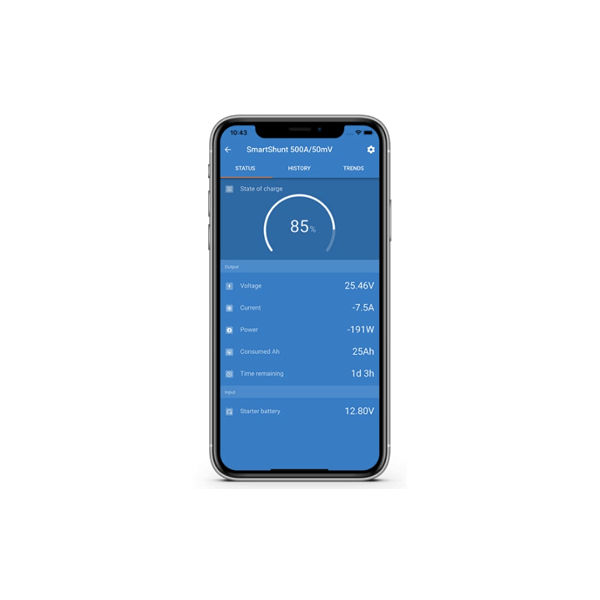 VictronConnect app screenshot displaying real-time battery status and state of charge
