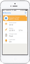 VictronConnect app interface on a smartphone showing real-time solar charger data and battery status