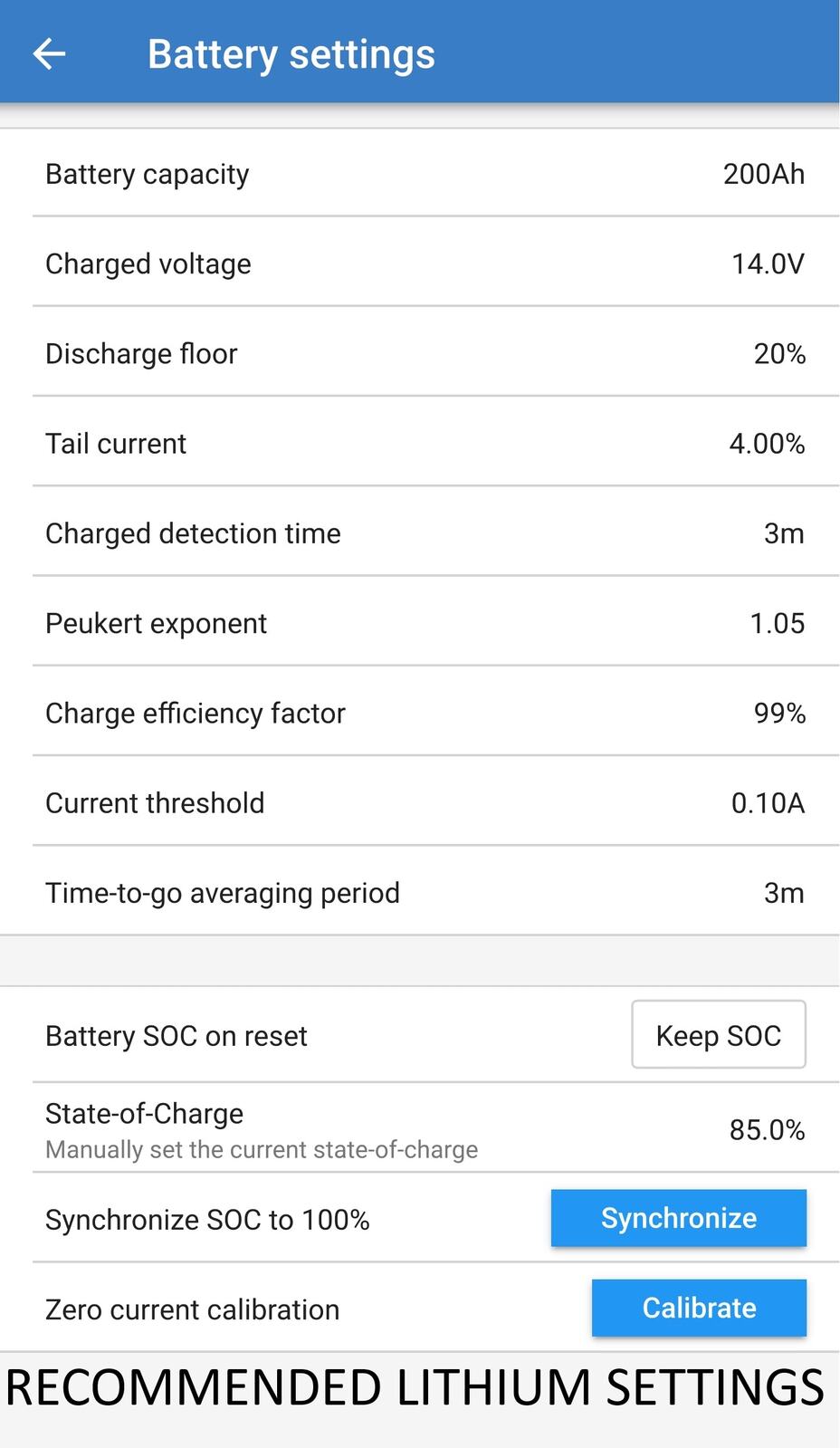 Settings page in the VictronConnect app for battery capacity and discharge thresholds