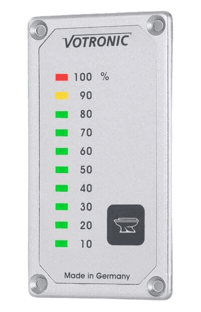 Vertical Votronic black water tank level display featuring 10 LED indicator segments from 10 to 100 percent
