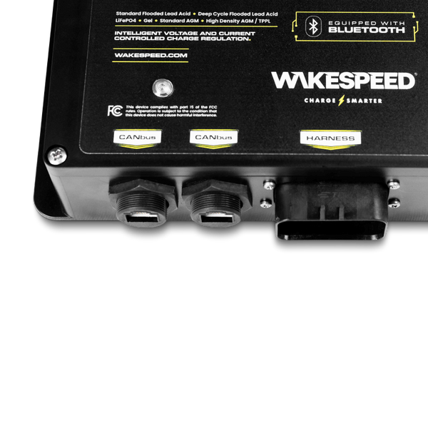 Detail of the CANbus and Harness connection labels on the regulator's lower edge