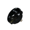 Angled front view of round black voltmeter gauge displaying VOLTAGE and DC V text