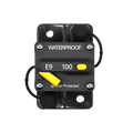 Top-down view of 100A waterproof circuit breaker showing reset lever and trip button