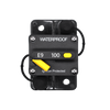 Top-down view of 100A waterproof circuit breaker showing reset lever and trip button