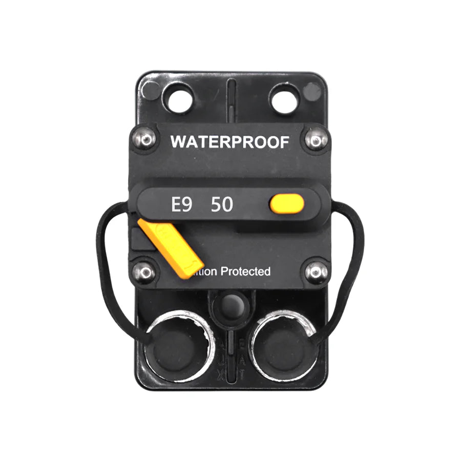 Top-down view of 50A waterproof DC circuit breaker showing reset lever and terminals