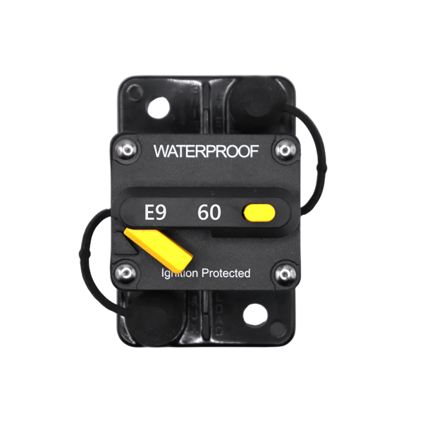 Top-down view of 60A waterproof circuit breaker showing reset lever and ignition protection markings