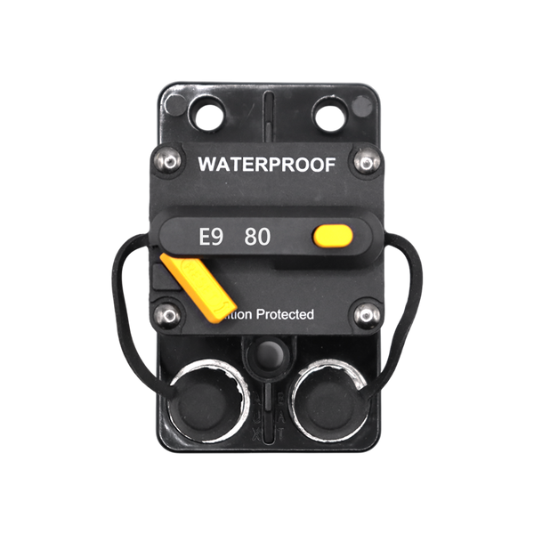 Top view of 80A waterproof circuit breaker showing reset lever, trip button and connection studs