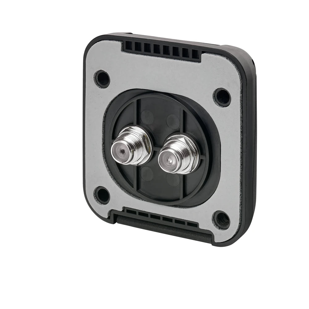 Rear view of TV socket showing foam mounting gasket and dual nickel-plated terminals