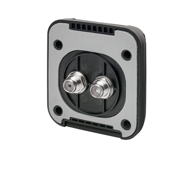 Rear view of TV socket showing foam mounting gasket and dual nickel-plated terminals
