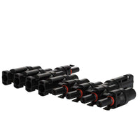 Angled close-up of solar branch connectors showing red O-ring seals on terminals