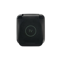 Front view of waterproof TV socket with lid closed showing TV icon and logo