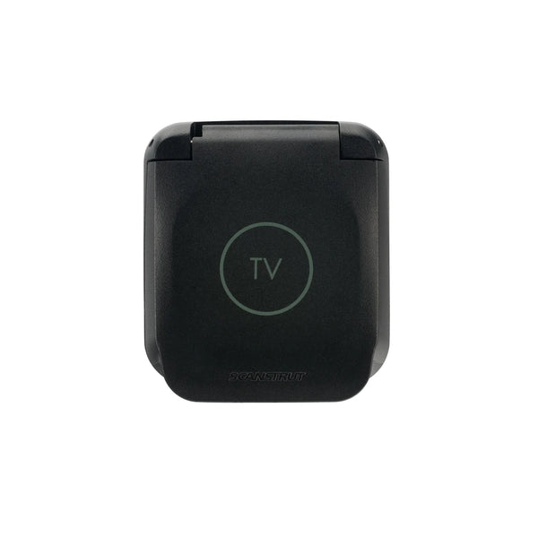 Front view of waterproof TV socket with lid closed showing TV icon and logo
