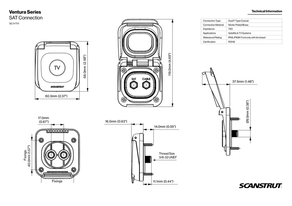 Technical dimensional drawing of waterproof F-type socket in millimetres