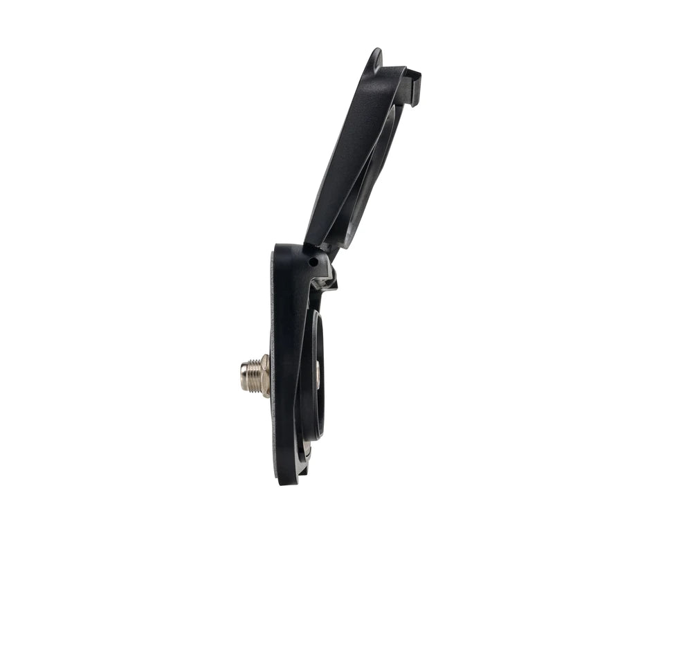 Side profile of waterproof socket with lid fully open showing connector depth