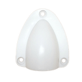Top-down view of white clamshell cable entry cover featuring three mounting holes