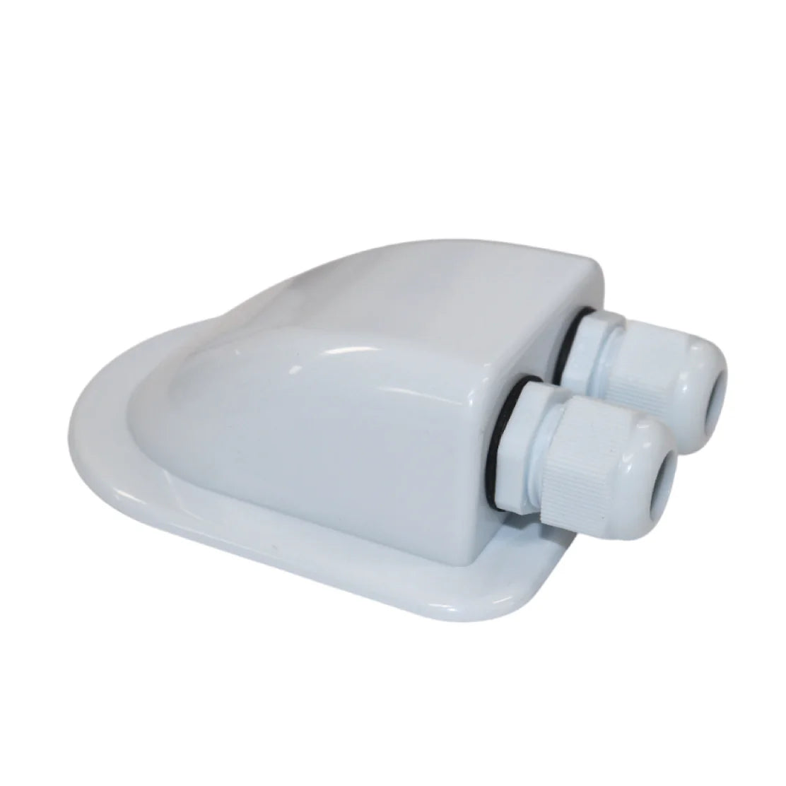 Angled view of white ABS dual cable entry gland showing aerodynamic housing and wide base flange for mounting