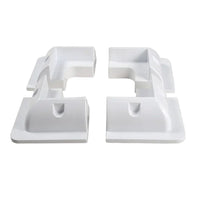 Set of four white ABS plastic corner brackets for solar panel mounting arranged in a square