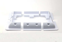 Complete 6-piece white ABS solar panel mounting bracket kit containing four corner mounts and two side mounts