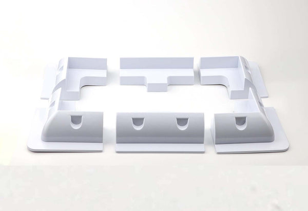 Complete 6-piece white ABS solar panel mounting bracket kit containing four corner mounts and two side mounts