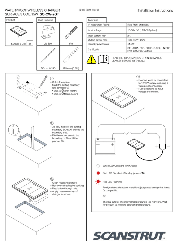 Installation manual page with wiring diagrams and tool list