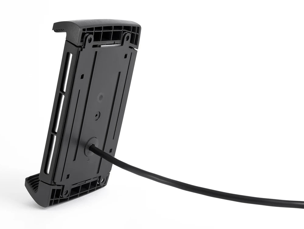 Back view of charger mount showing integrated power cable and screw holes