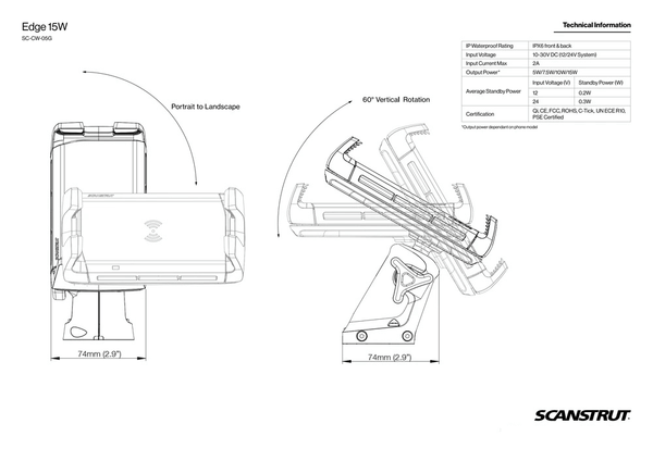 Technical drawing illustrating the 90-degree rotation and 60-degree vertical tilt range of the phone mount