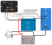 Wiring diagram showing the alternator control cable connecting a Victron VE.Bus BMS to a BMS 12/200 unit