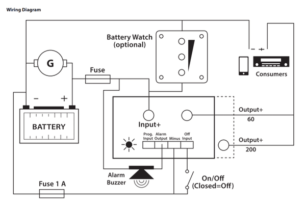 Schematic wiring diagram showing battery, fuse, load and switch connections for the battery guard