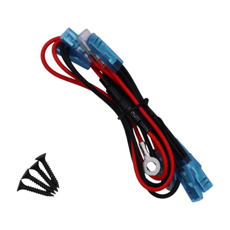 Red and black wiring loom with blue spade connectors and four black mounting screws