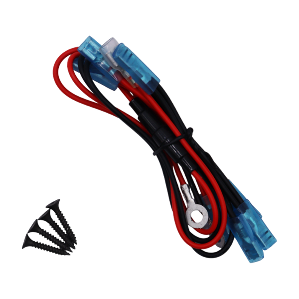Red and black wiring loom with blue spade connectors and four black mounting screws
