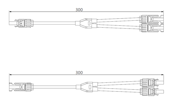 Dimensional drawing of Y-branch solar connector showing 300mm cable length and connector types