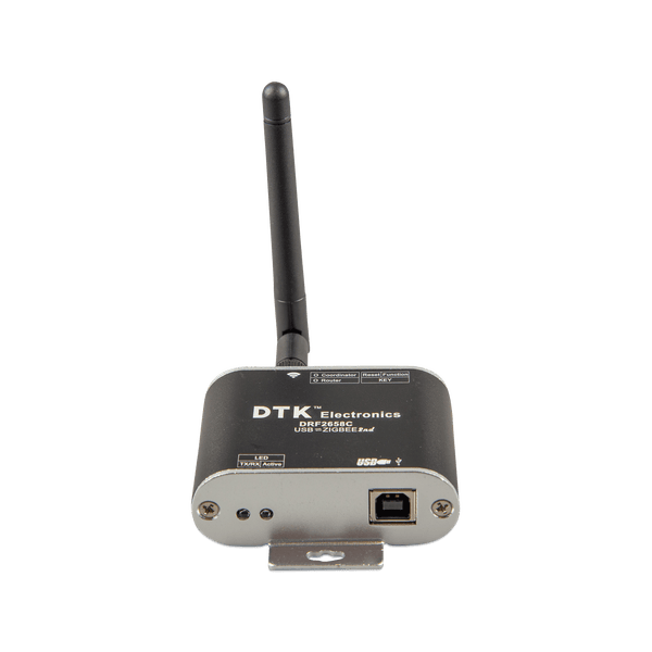 Front perspective of the Zigbee converter showing the USB socket and LED lights