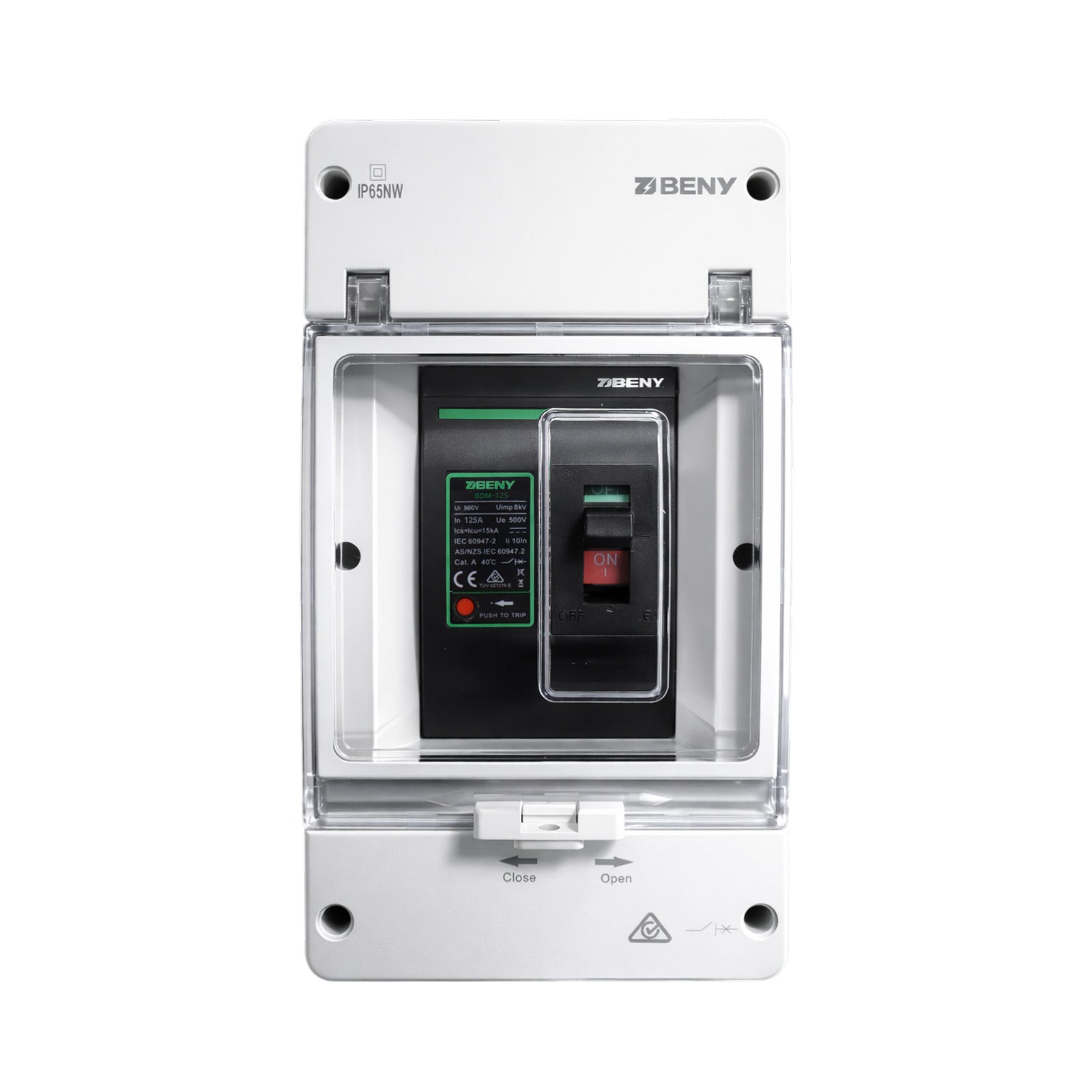 ZJBeny 125A 2-pole DC circuit breaker mounted inside a white IP65 weather-resistant enclosure