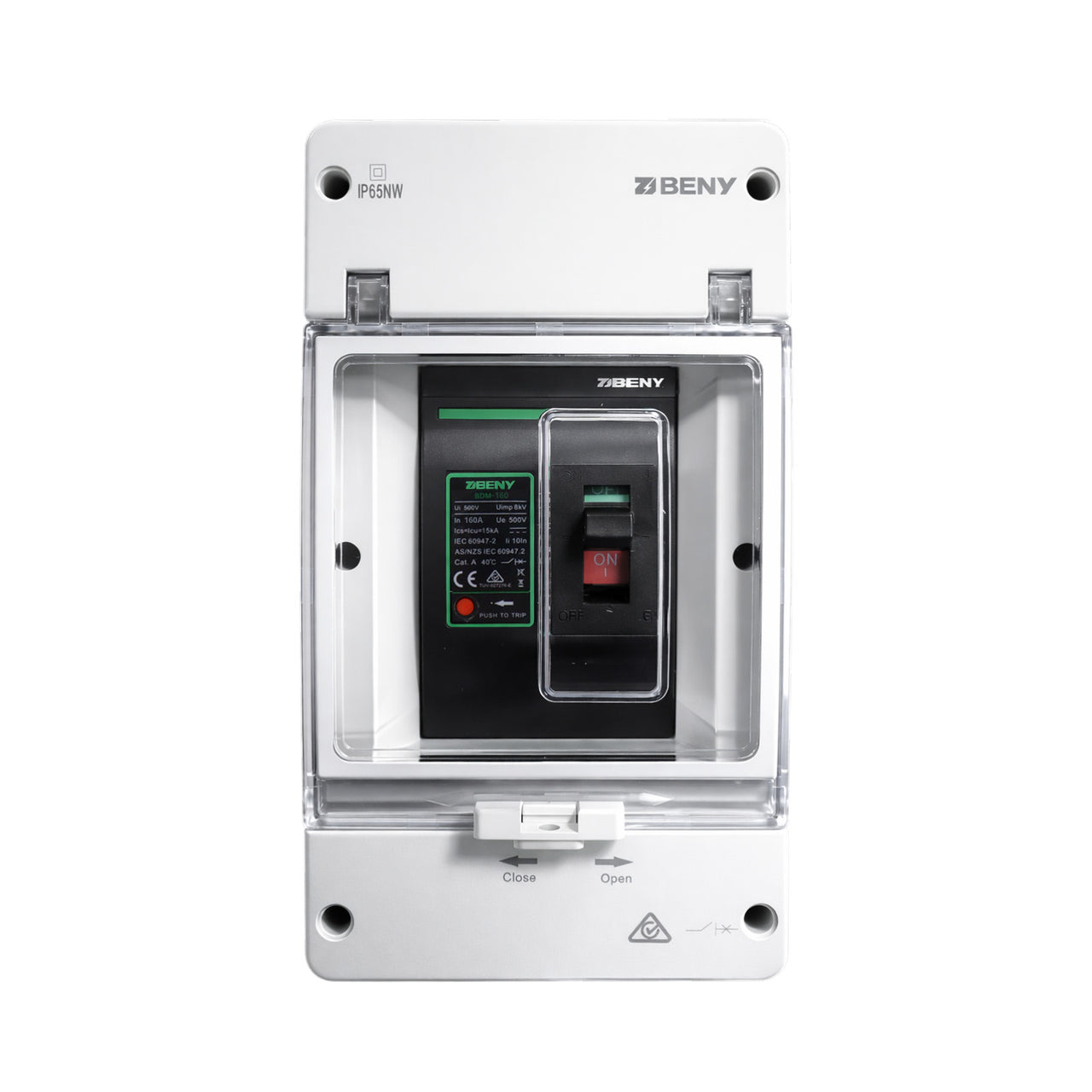 ZJBeny 160A 2-pole DC circuit breaker mounted inside a white IP65 weather-resistant enclosure